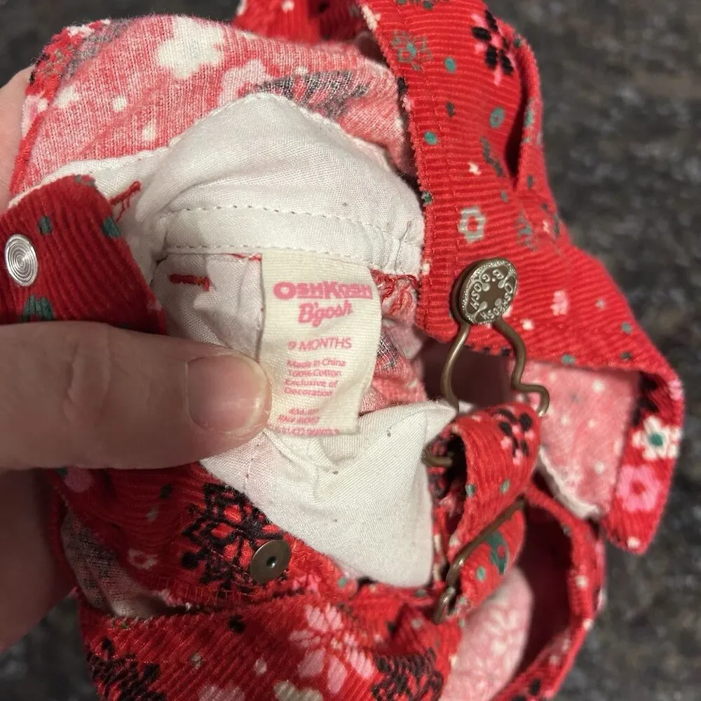 Vintage Oshkosh Floral Snowflake Red Overalls 100% Cotton Infant 9 M Corduroy